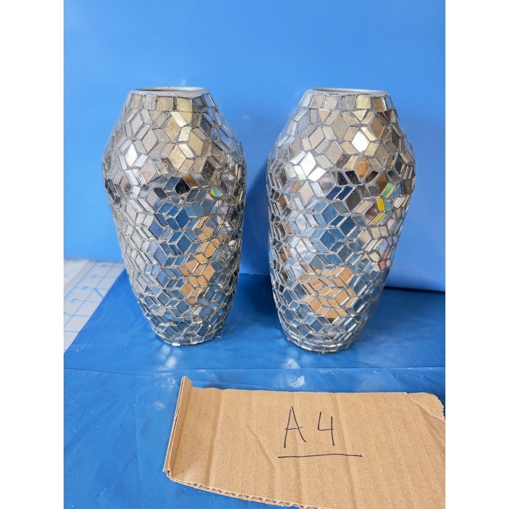 Set of 2 Silver Mirrored Mosaic Decorative Vases 11" Glam Home Decor Centerpiece